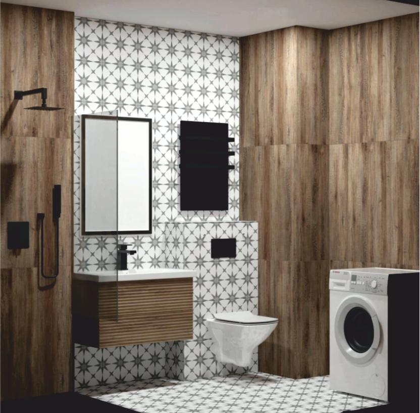 Современная ванная комната: панели под дерево, плитка с орнаментом, чёрная фурнитура