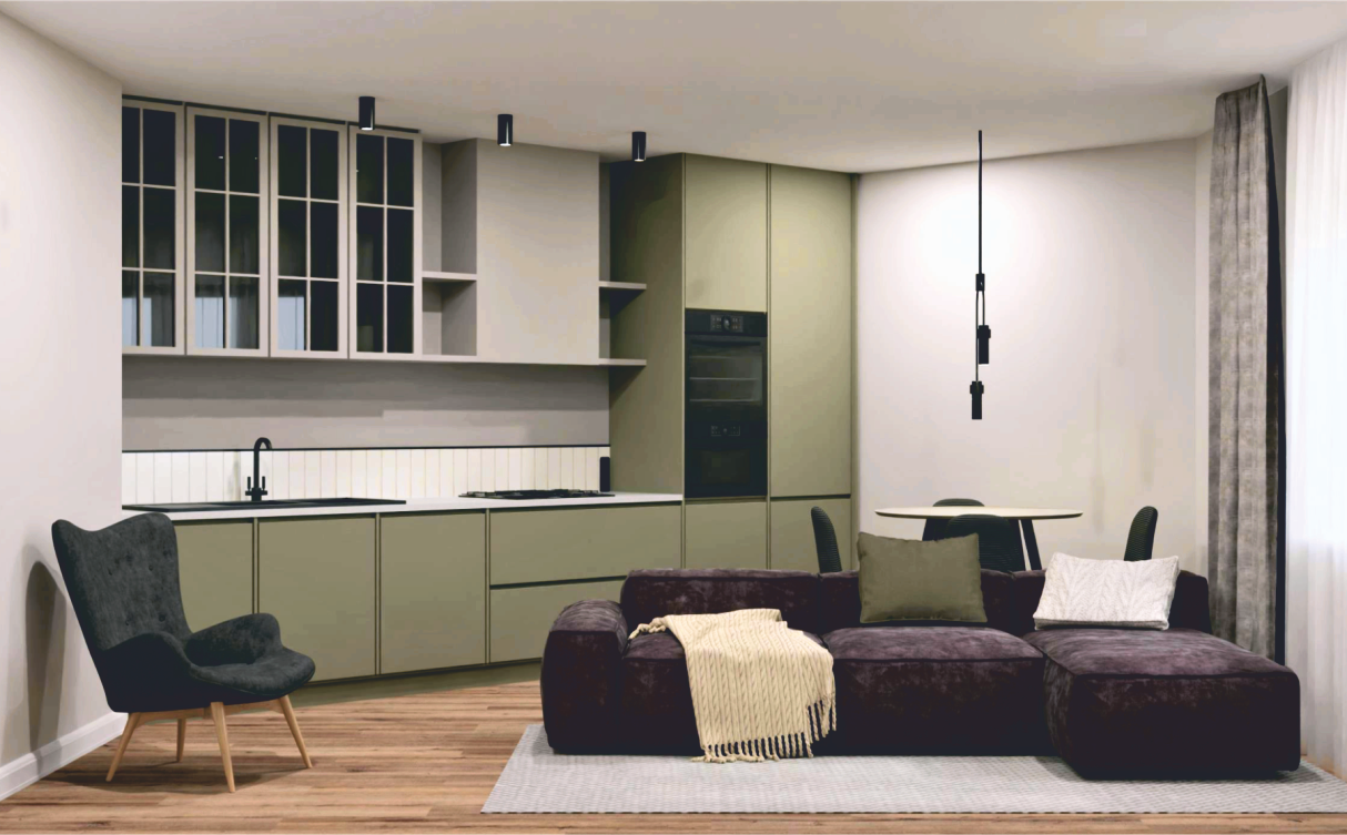 Современная кухня и гостиная после ремонта